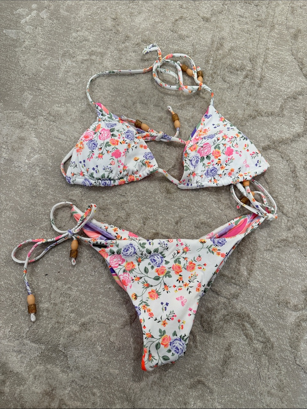 Maaji White Floral String Bikini with Pink, Purple, Orange Accents